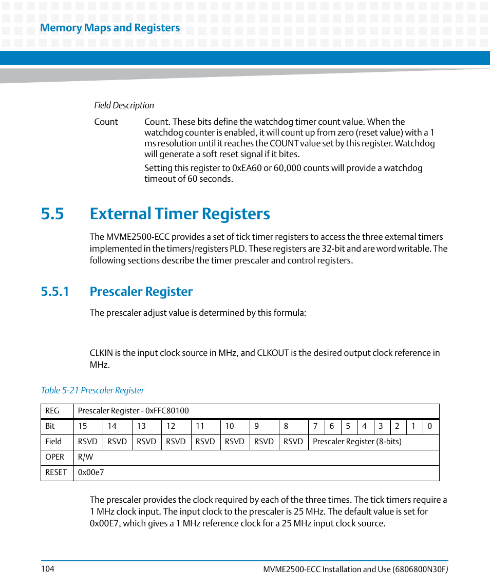 5 external timer registers, 1 prescaler register, Table 5-21 | Prescaler register | Artesyn MVME2500 ECC Installation and Use (August 2014) User Manual | Page 104 / 150