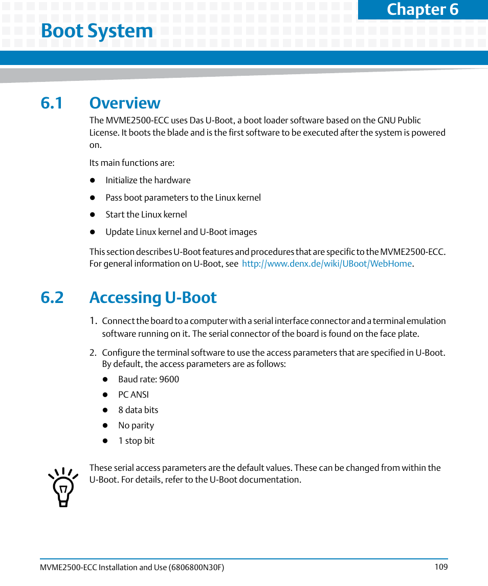 Boot system, 1 overview, 2 accessing u-boot | 1 overview 6.2 accessing u-boot, Chapter 6 | Artesyn MVME2500 ECC Installation and Use (August 2014) User Manual | Page 109 / 150