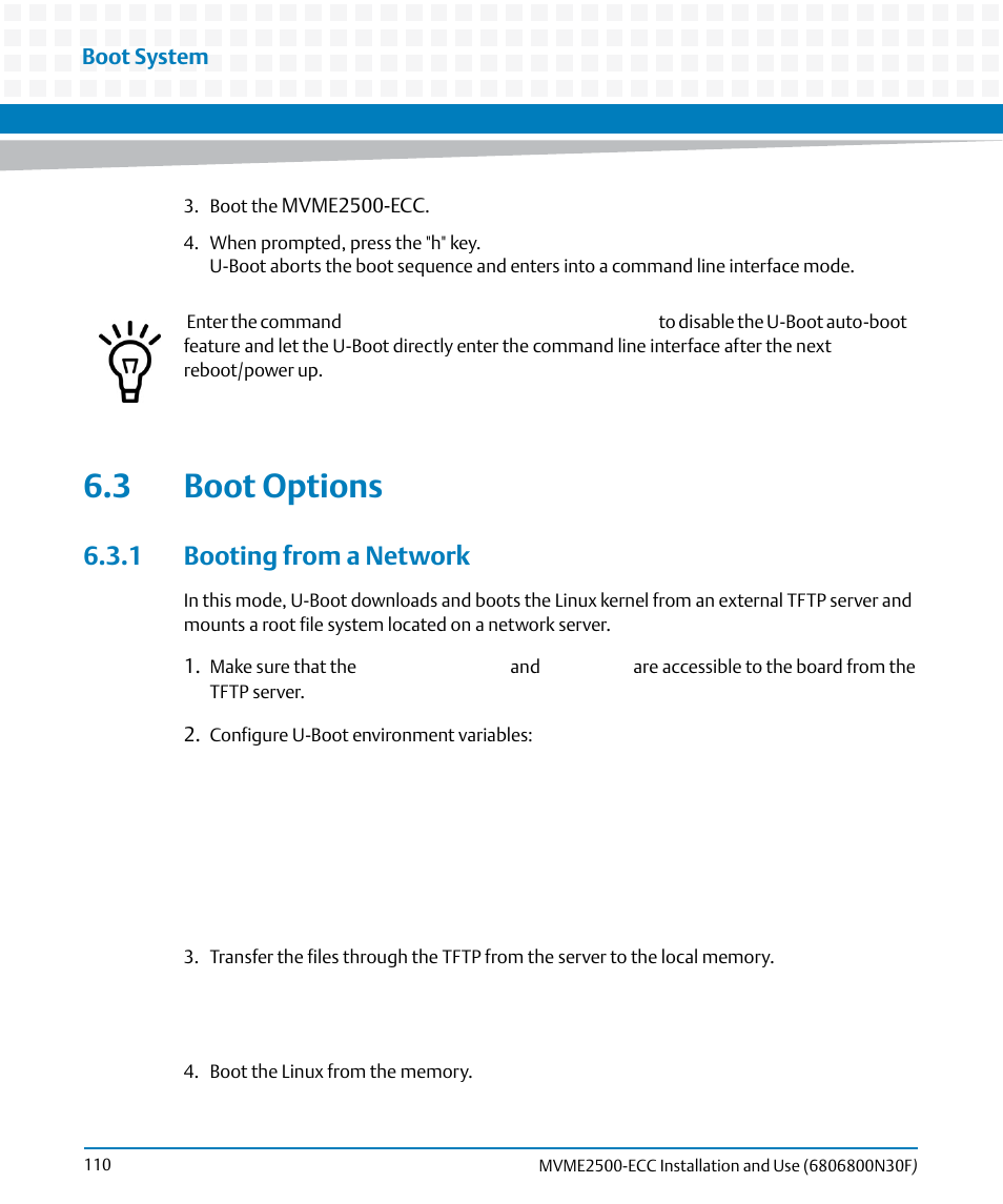 3 boot options, 1 booting from a network | Artesyn MVME2500 ECC Installation and Use (August 2014) User Manual | Page 110 / 150