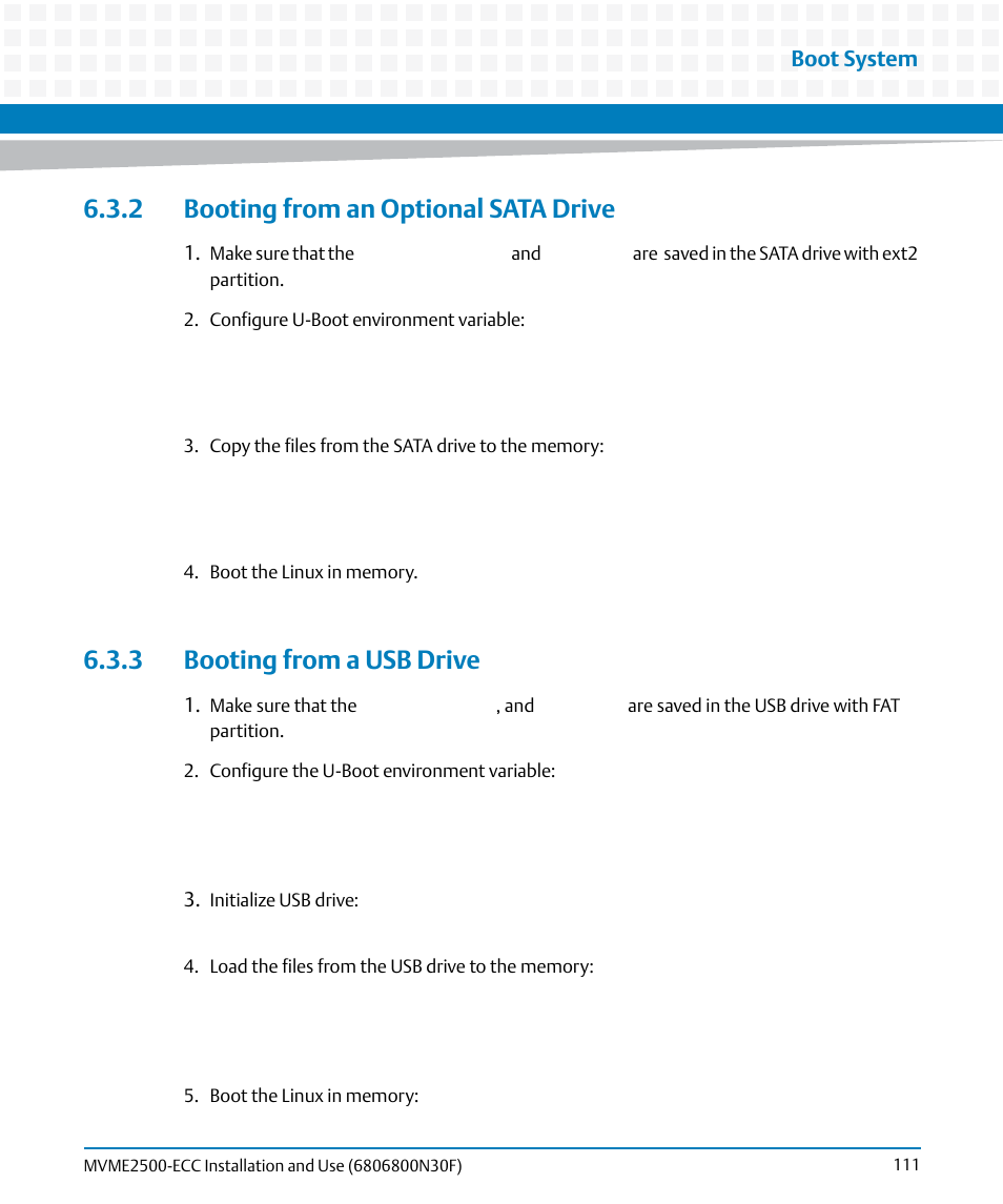 2 booting from an optional sata drive, 3 booting from a usb drive | Artesyn MVME2500 ECC Installation and Use (August 2014) User Manual | Page 111 / 150