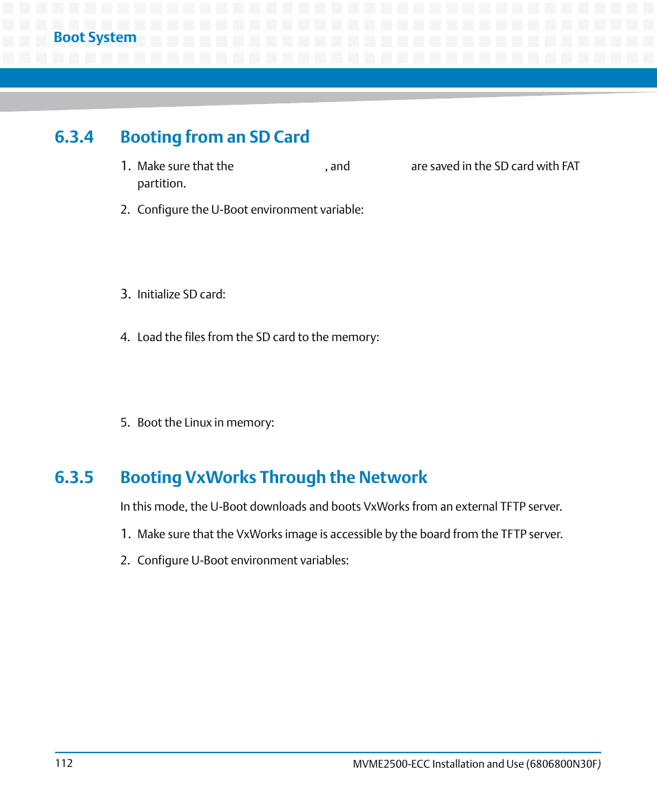 4 booting from an sd card, 5 booting vxworks through the network | Artesyn MVME2500 ECC Installation and Use (August 2014) User Manual | Page 112 / 150