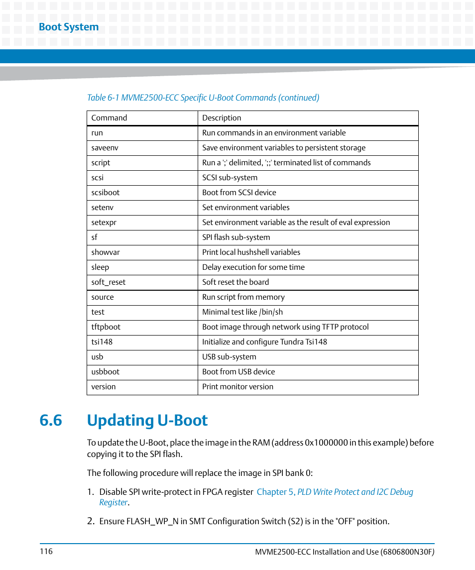 6 updating u-boot, Boot system | Artesyn MVME2500 ECC Installation and Use (August 2014) User Manual | Page 116 / 150