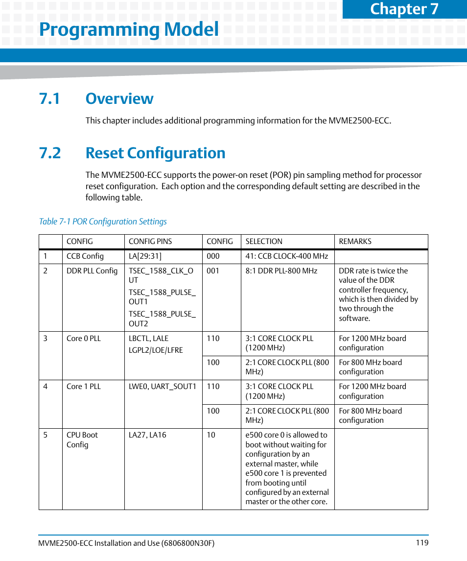 Programming model, 1 overview, 2 reset configuration | 1 overview 7.2 reset configuration, Table 7-1, Por configuration settings, Chapter 7 | Artesyn MVME2500 ECC Installation and Use (August 2014) User Manual | Page 119 / 150