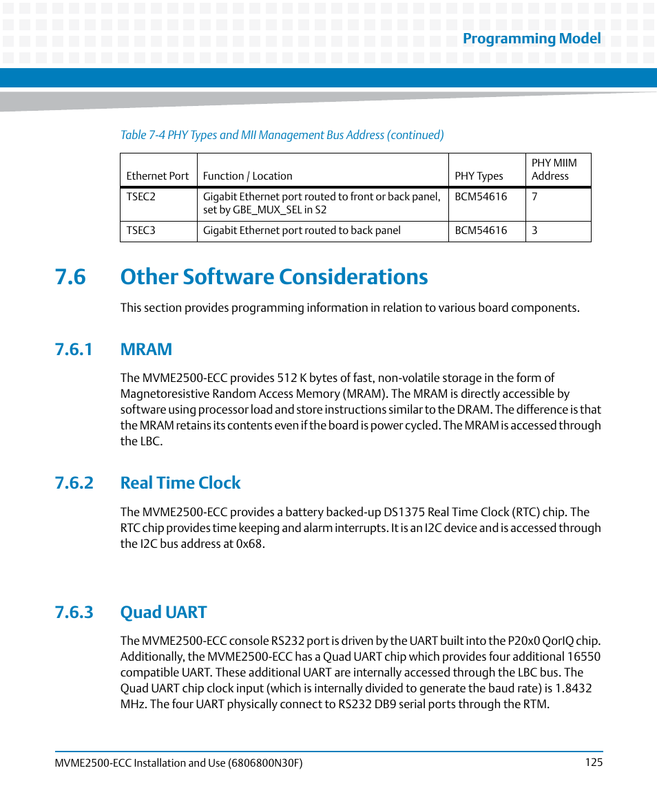 6 other software considerations, 1 mram, 2 real time clock | 3 quad uart, 1 mram 7.6.2 real time clock 7.6.3 quad uart | Artesyn MVME2500 ECC Installation and Use (August 2014) User Manual | Page 125 / 150