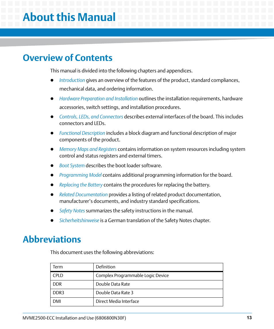 About this manual, Overview of contents, Abbreviations | Artesyn MVME2500 ECC Installation and Use (August 2014) User Manual | Page 13 / 150