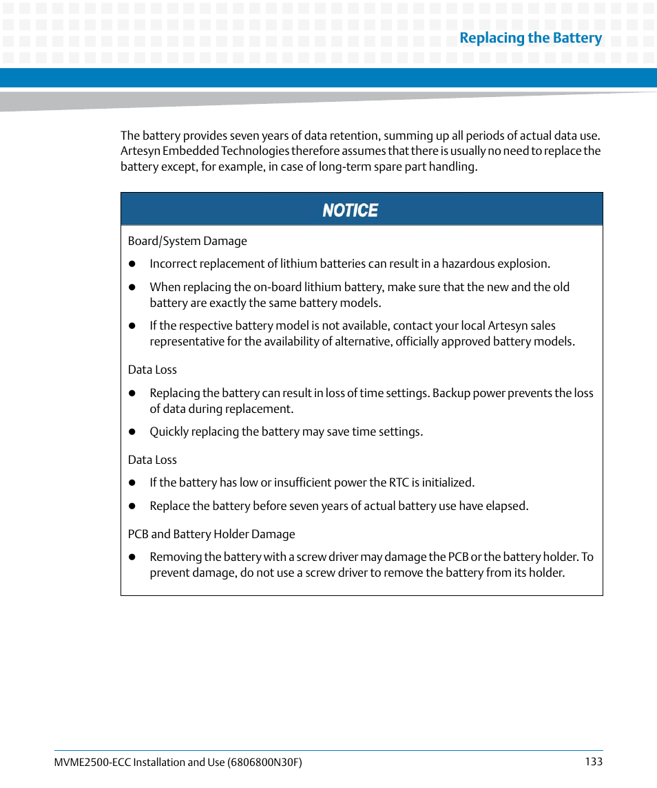 Replacing the battery | Artesyn MVME2500 ECC Installation and Use (August 2014) User Manual | Page 133 / 150