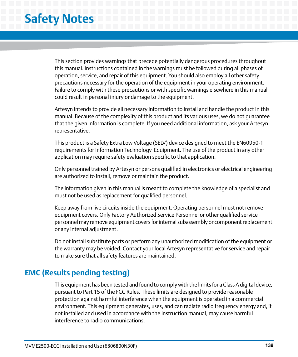 Safety notes, Emc (results pending testing) | Artesyn MVME2500 ECC Installation and Use (August 2014) User Manual | Page 139 / 150