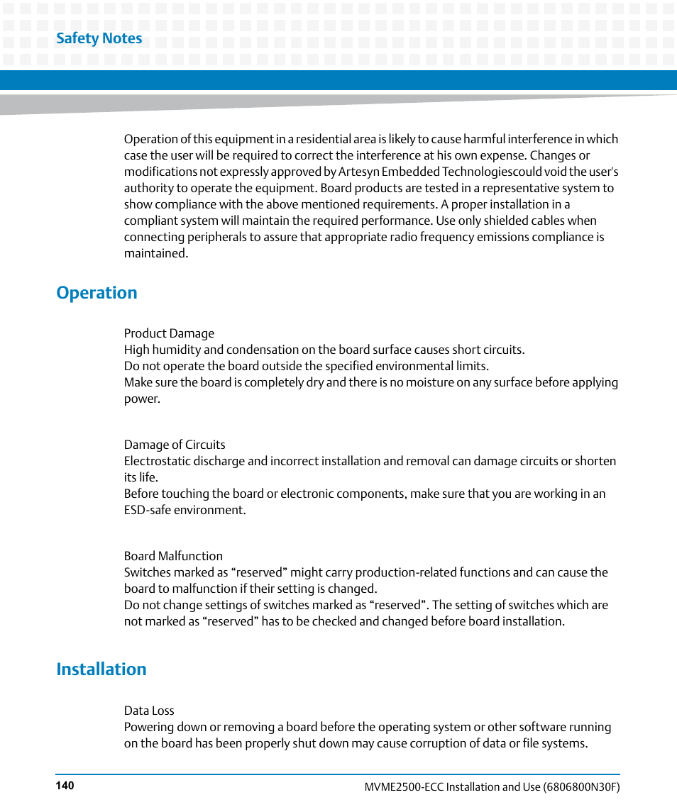 Operation, Installation | Artesyn MVME2500 ECC Installation and Use (August 2014) User Manual | Page 140 / 150