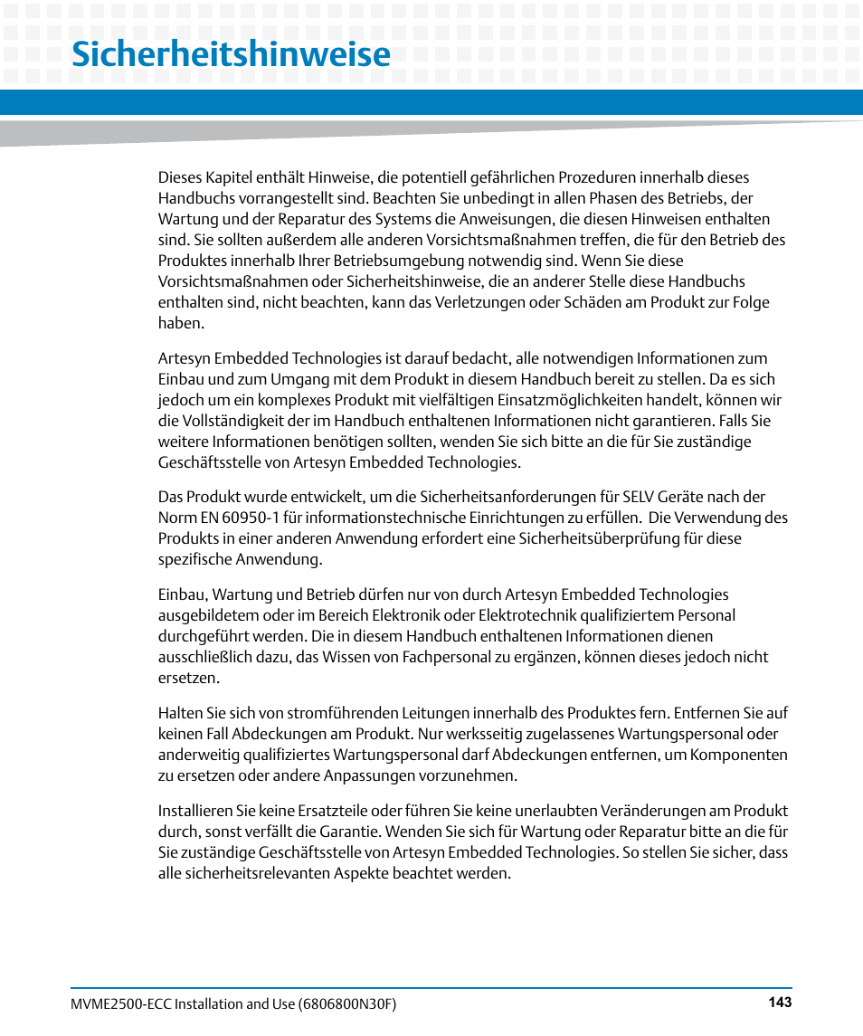 Sicherheitshinweise, Is a ge | Artesyn MVME2500 ECC Installation and Use (August 2014) User Manual | Page 143 / 150