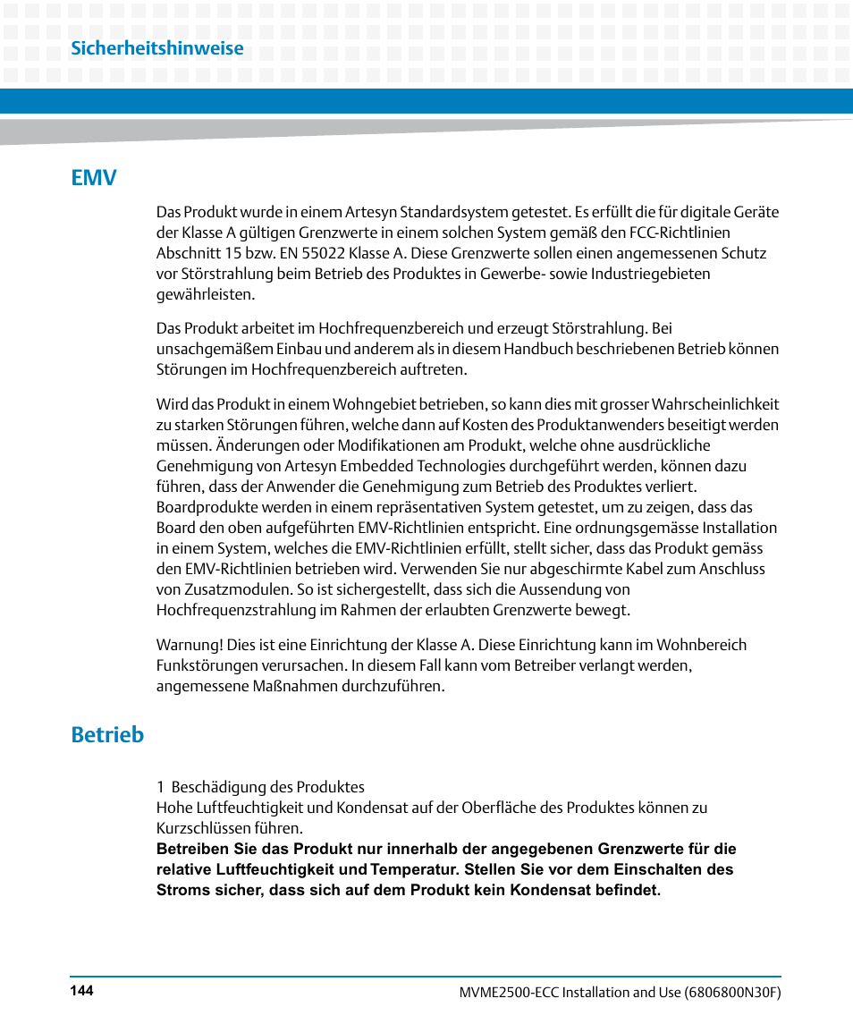 Betrieb | Artesyn MVME2500 ECC Installation and Use (August 2014) User Manual | Page 144 / 150