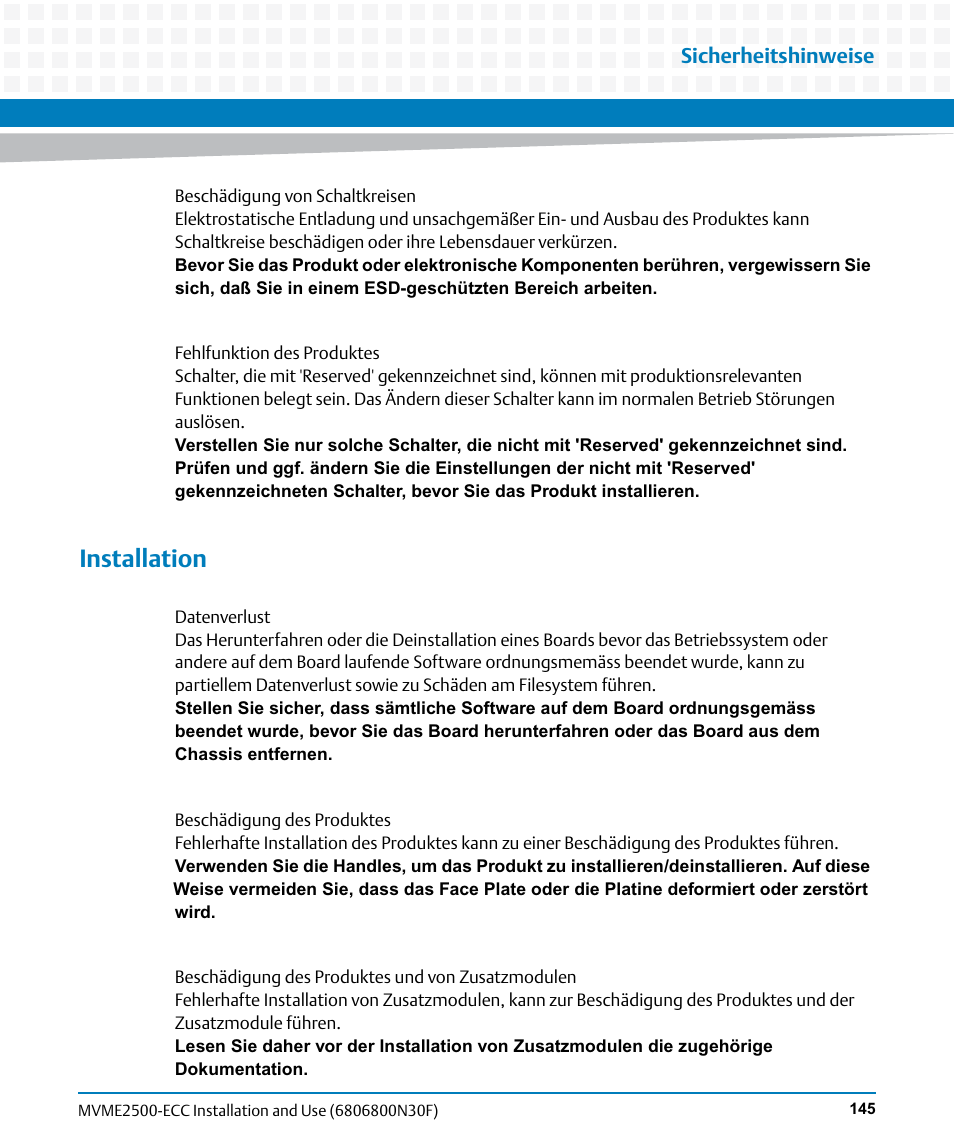 Installation, Sicherheitshinweise | Artesyn MVME2500 ECC Installation and Use (August 2014) User Manual | Page 145 / 150