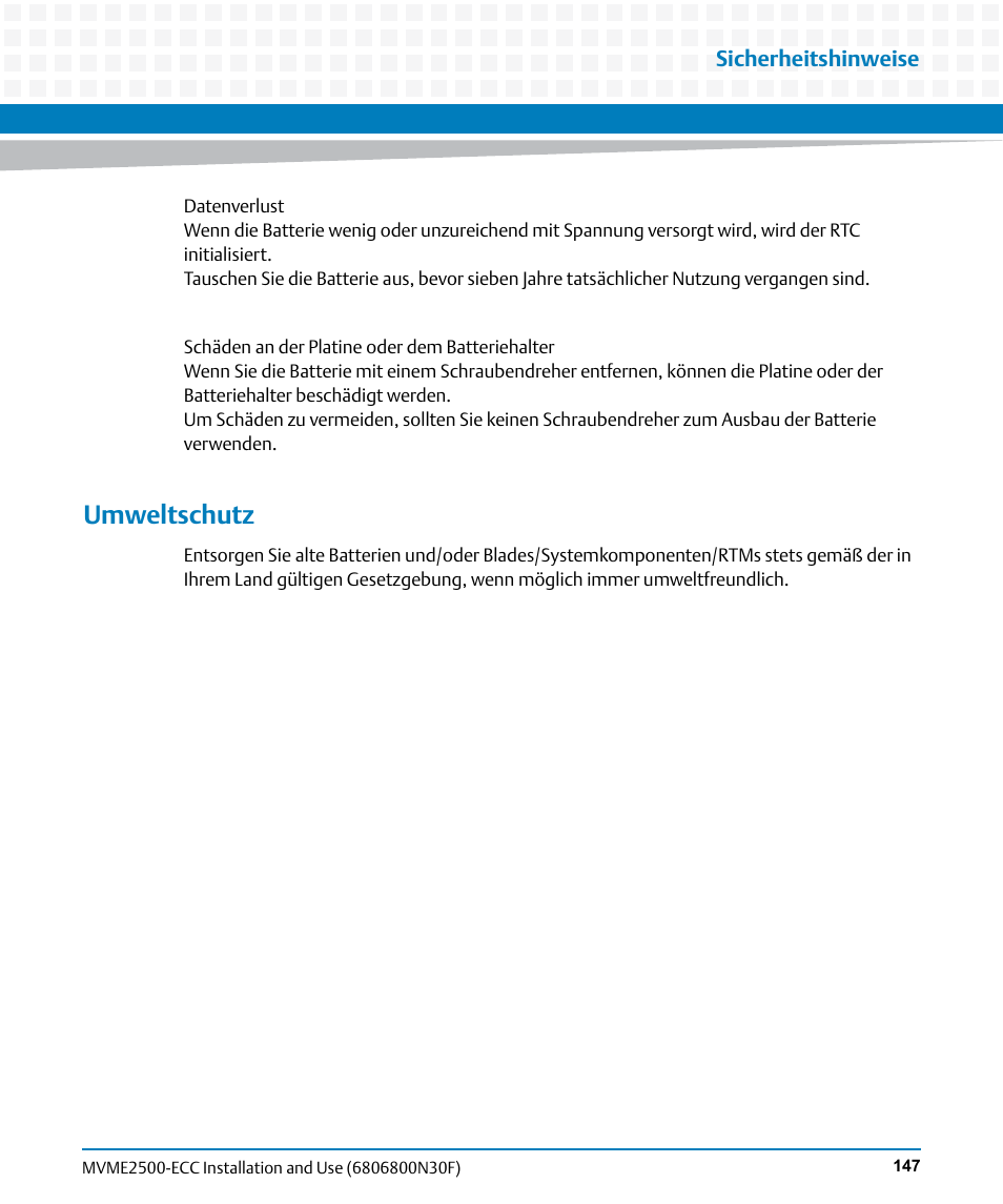 Umweltschutz | Artesyn MVME2500 ECC Installation and Use (August 2014) User Manual | Page 147 / 150