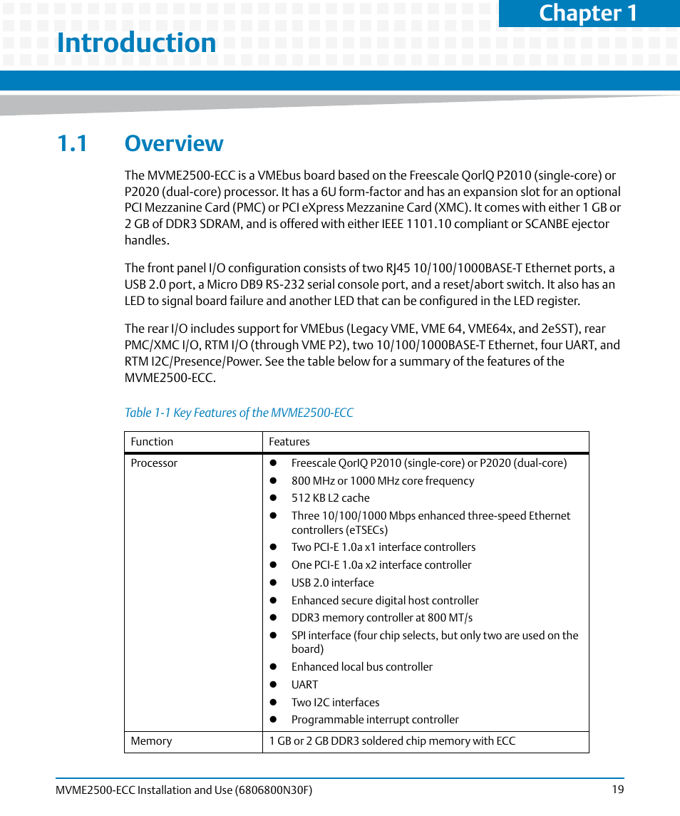 Introduction, 1 overview, Table 1-1 | Key features of the mvme2500-ecc, Chapter 1 | Artesyn MVME2500 ECC Installation and Use (August 2014) User Manual | Page 19 / 150