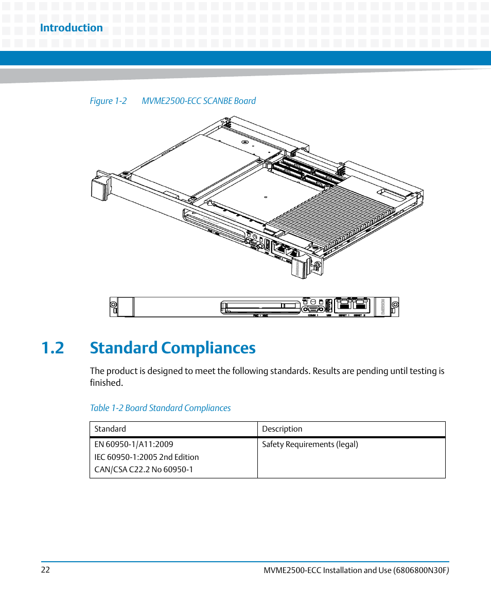 2 standard compliances, Table 1-2, Board standard compliances | Figure 1-2, Mvme2500-ecc scanbe board, Standard compliances | Artesyn MVME2500 ECC Installation and Use (August 2014) User Manual | Page 22 / 150