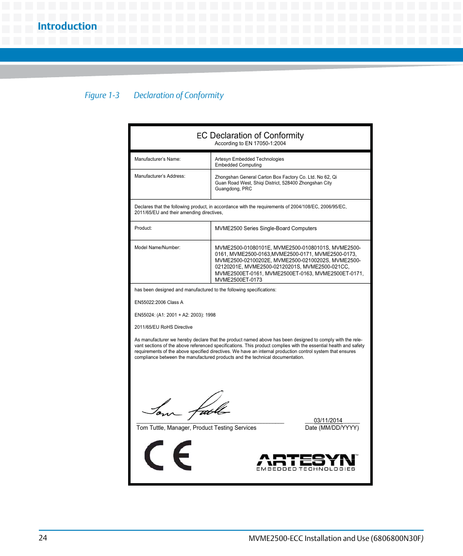 Figure 1-3, Declaration of conformity, Introduction | C declaration of conformity, Figure 1-3 declaration of conformity | Artesyn MVME2500 ECC Installation and Use (August 2014) User Manual | Page 24 / 150