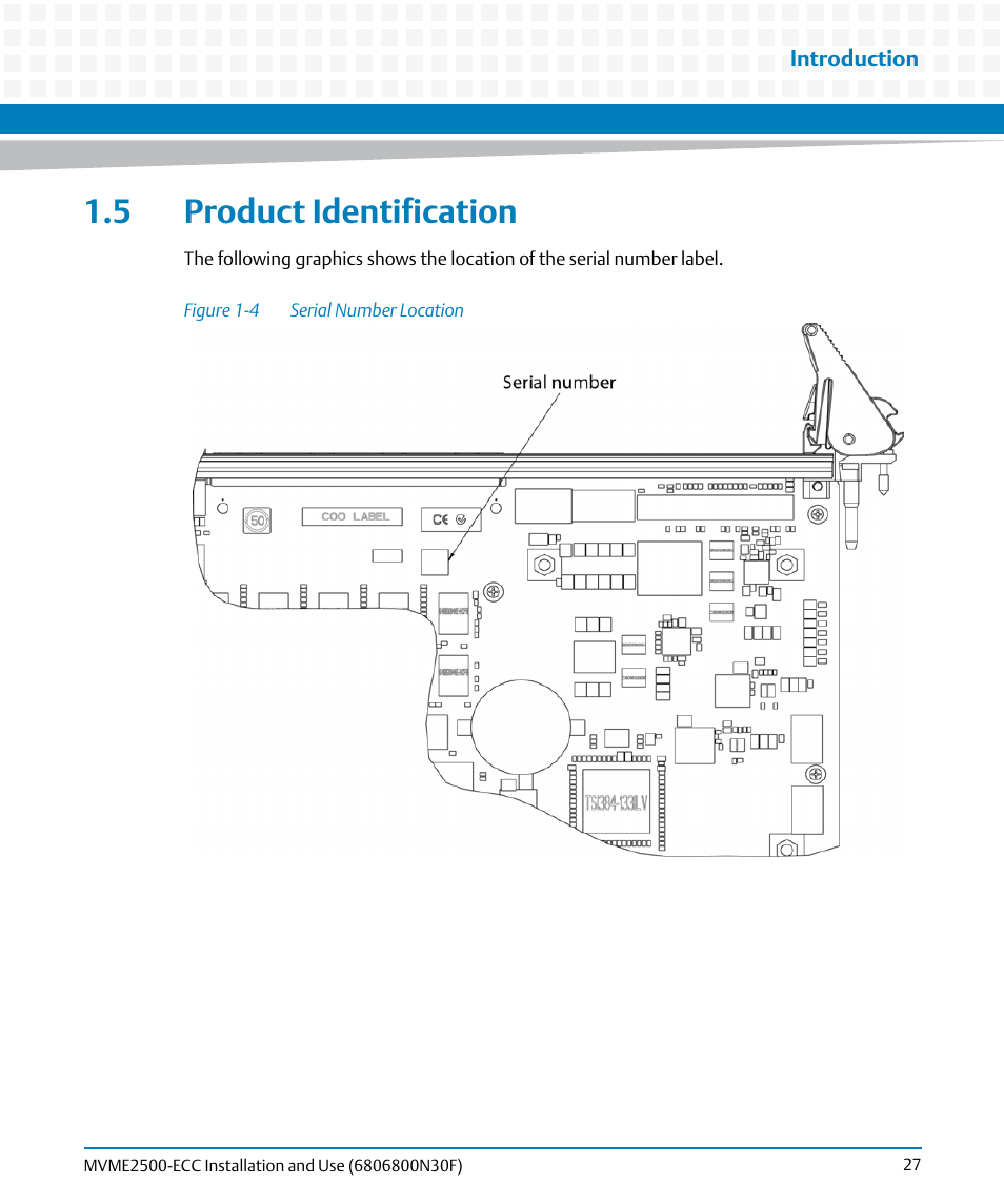 5 product identification, Figure 1-4, Serial number location | Artesyn MVME2500 ECC Installation and Use (August 2014) User Manual | Page 27 / 150