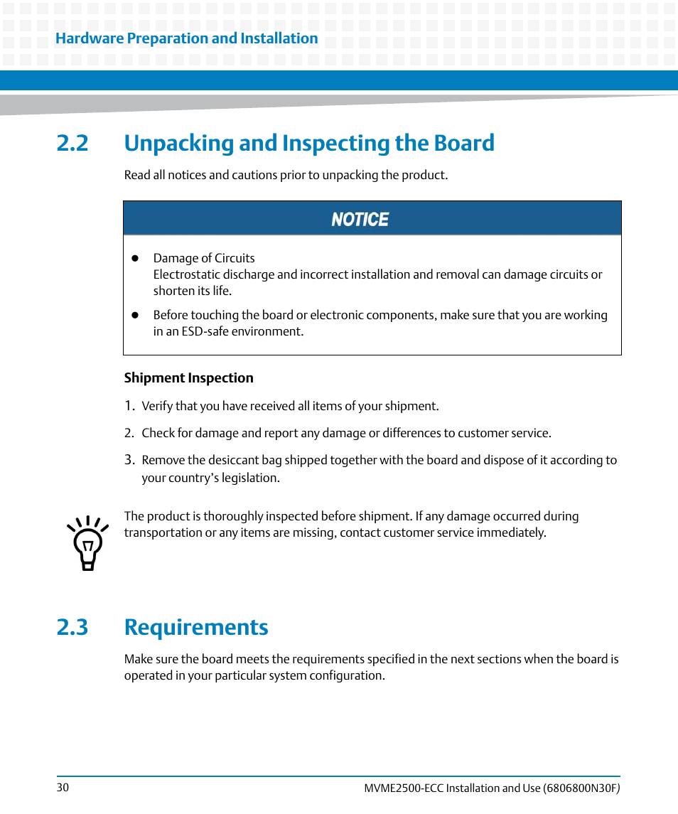 2 unpacking and inspecting the board, 3 requirements, Unpacking and inspecting the board | Artesyn MVME2500 ECC Installation and Use (August 2014) User Manual | Page 30 / 150