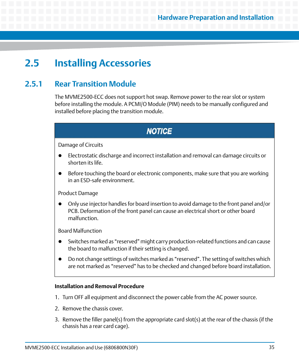 5 installing accessories, 1 rear transition module, Rear transition module | Artesyn MVME2500 ECC Installation and Use (August 2014) User Manual | Page 35 / 150