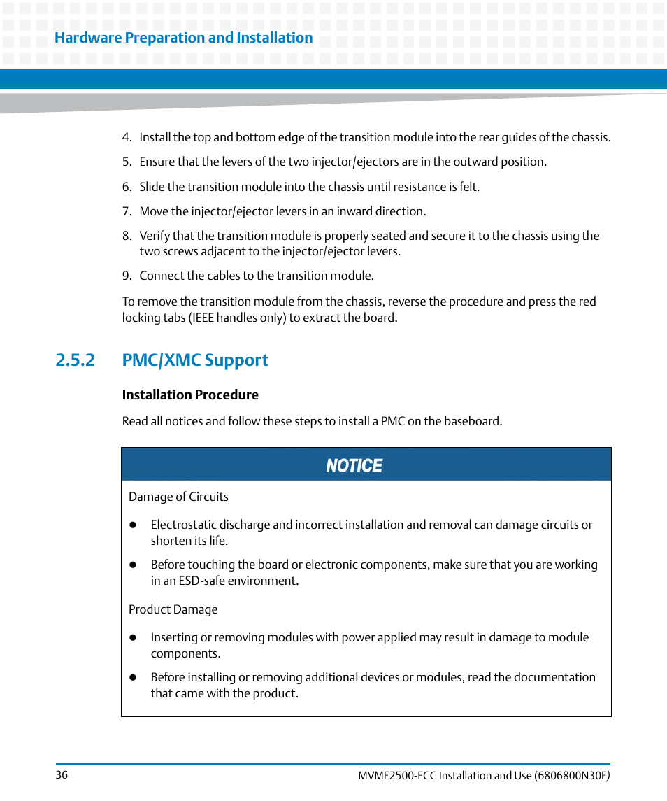 2 pmc/xmc support, Pmc/xmc support, Hardware preparation and installation | Artesyn MVME2500 ECC Installation and Use (August 2014) User Manual | Page 36 / 150