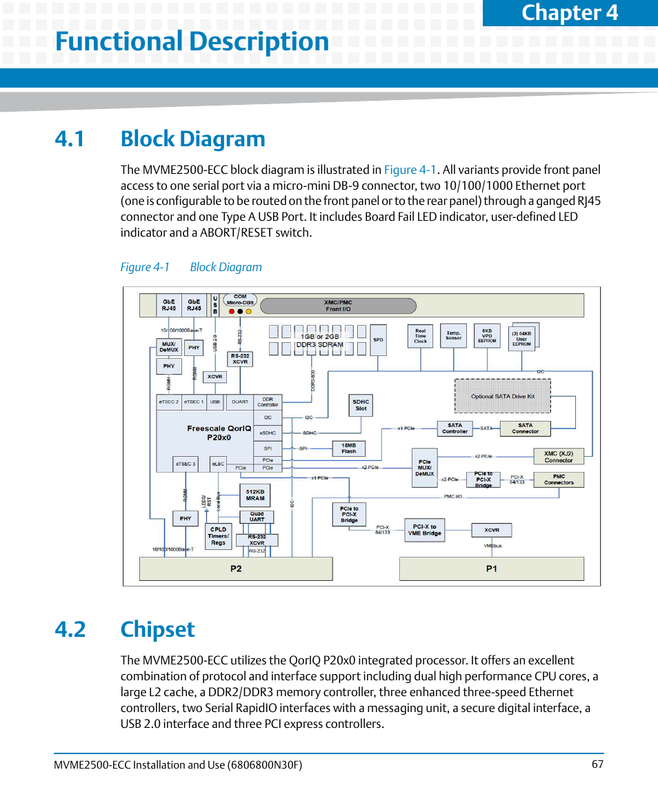 Functional description, 1 block diagram, 2 chipset | 1 block diagram 4.2 chipset, Figure 4-1, Block diagram, Chapter 4, functional description, Chapter 4 | Artesyn MVME2500 ECC Installation and Use (August 2014) User Manual | Page 67 / 150