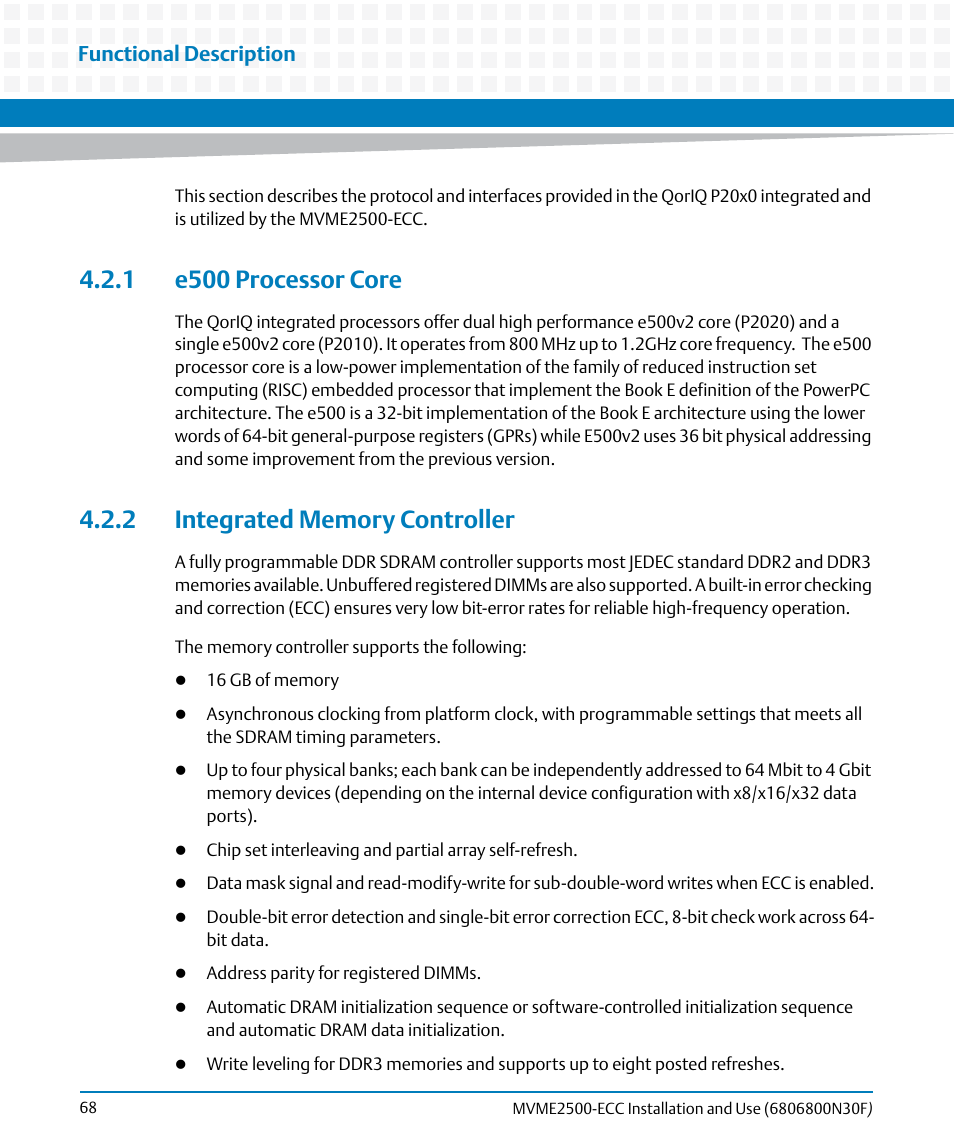 1 e500 processor core, 2 integrated memory controller, Functional description | Artesyn MVME2500 ECC Installation and Use (August 2014) User Manual | Page 68 / 150