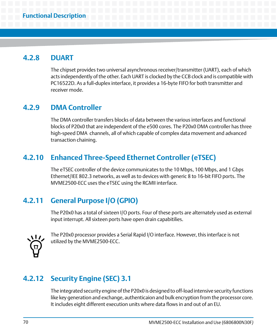 8 duart, 9 dma controller, 11 general purpose i/o (gpio) | 12 security engine (sec) 3.1 | Artesyn MVME2500 ECC Installation and Use (August 2014) User Manual | Page 70 / 150