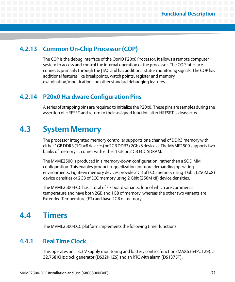 13 common on-chip processor (cop), 14 p20x0 hardware configuration pins, 3 system memory | 4 timers, 1 real time clock, 3 system memory 4.4 timers | Artesyn MVME2500 ECC Installation and Use (August 2014) User Manual | Page 71 / 150