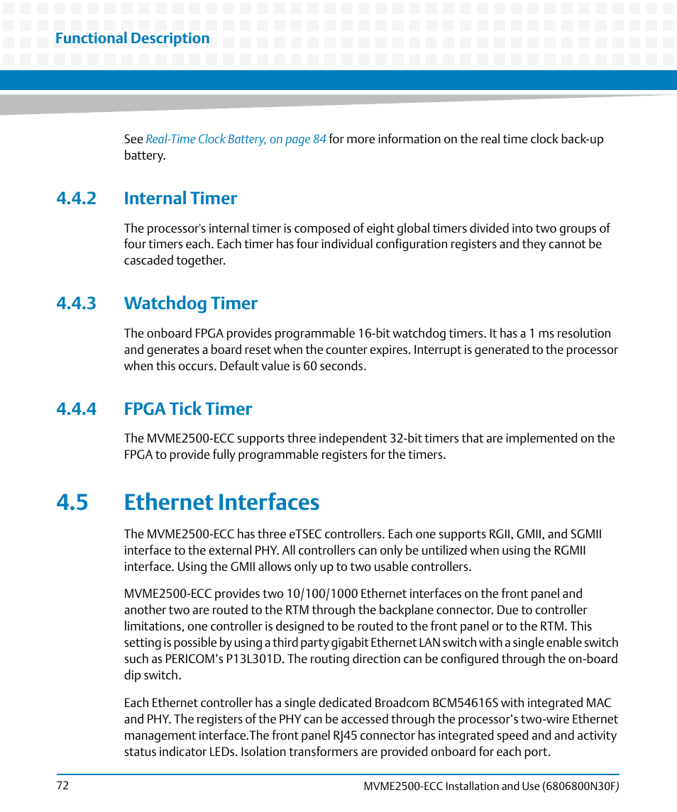 2 internal timer, 3 watchdog timer, 4 fpga tick timer | 5 ethernet interfaces | Artesyn MVME2500 ECC Installation and Use (August 2014) User Manual | Page 72 / 150