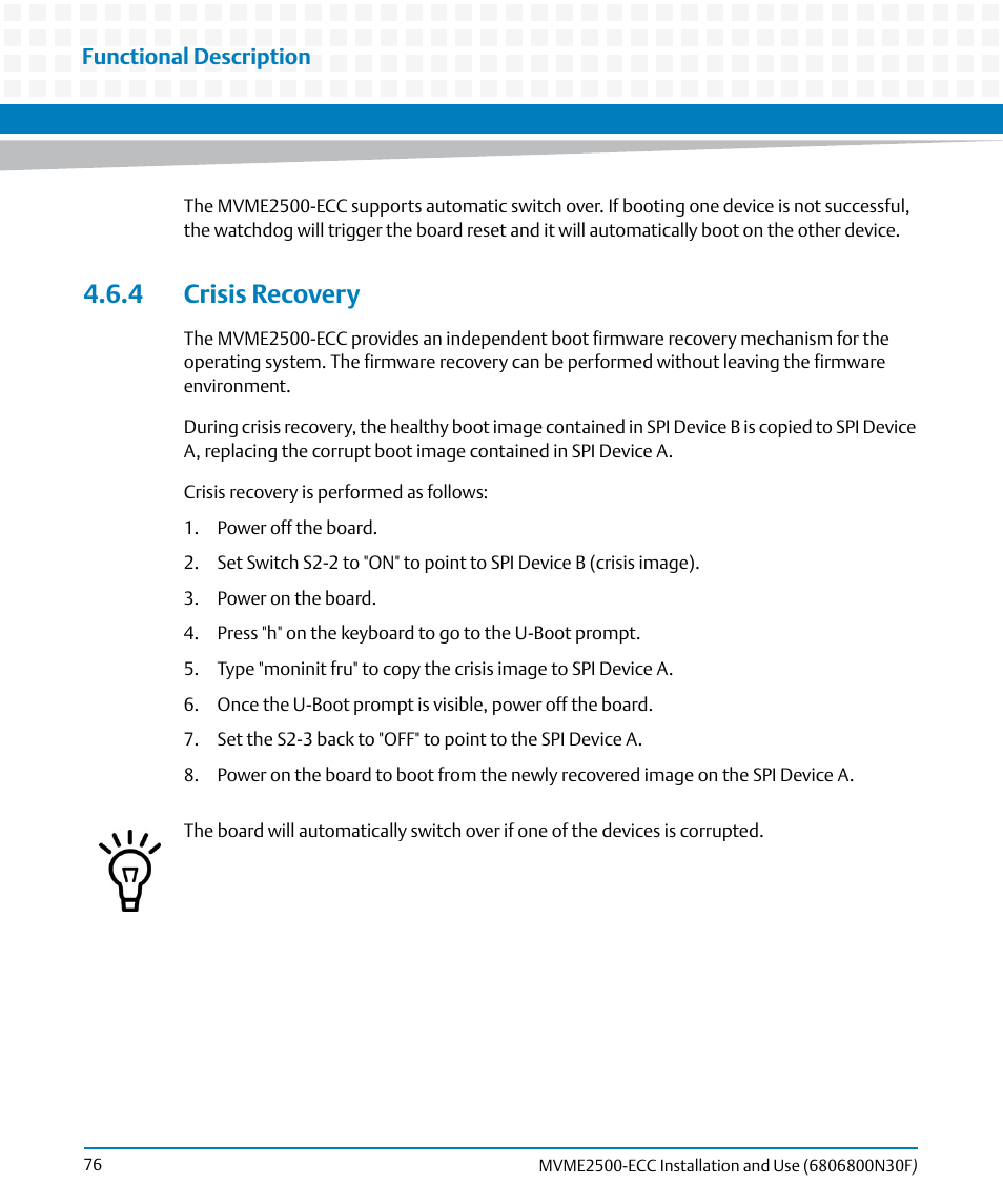 4 crisis recovery | Artesyn MVME2500 ECC Installation and Use (August 2014) User Manual | Page 76 / 150