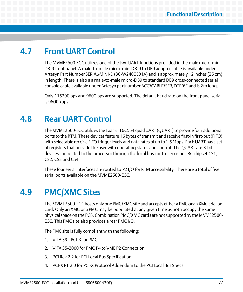 7 front uart control, 8 rear uart control, 9 pmc/xmc sites | Artesyn MVME2500 ECC Installation and Use (August 2014) User Manual | Page 77 / 150