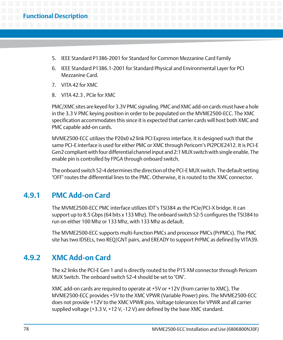 1 pmc add-on card, 2 xmc add-on card, 1 pmc add-on card 4.9.2 xmc add-on card | Artesyn MVME2500 ECC Installation and Use (August 2014) User Manual | Page 78 / 150