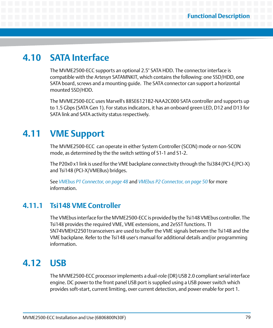 10 sata interface, 11 vme support, 1 tsi148 vme controller | 12 usb, 10 sata interface 4.11 vme support | Artesyn MVME2500 ECC Installation and Use (August 2014) User Manual | Page 79 / 150