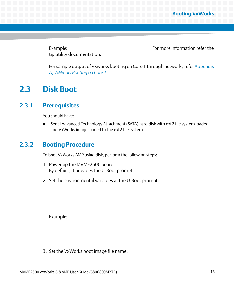 3 disk boot, 1 prerequisites, 2 booting procedure | 1 prerequisites 2.3.2 booting procedure | Artesyn MVME2500 VxWorks 6.8 AMP User Guide (August 2014) User Manual | Page 13 / 40