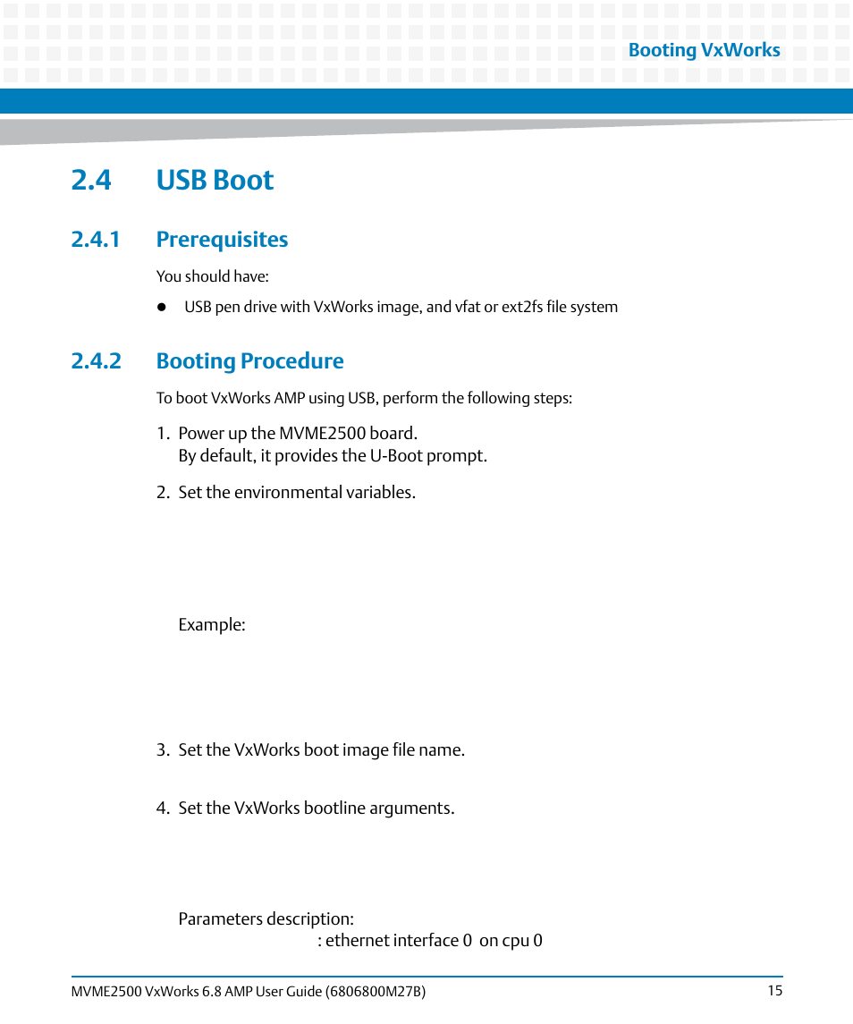 4 usb boot, 1 prerequisites, 2 booting procedure | 1 prerequisites 2.4.2 booting procedure | Artesyn MVME2500 VxWorks 6.8 AMP User Guide (August 2014) User Manual | Page 15 / 40
