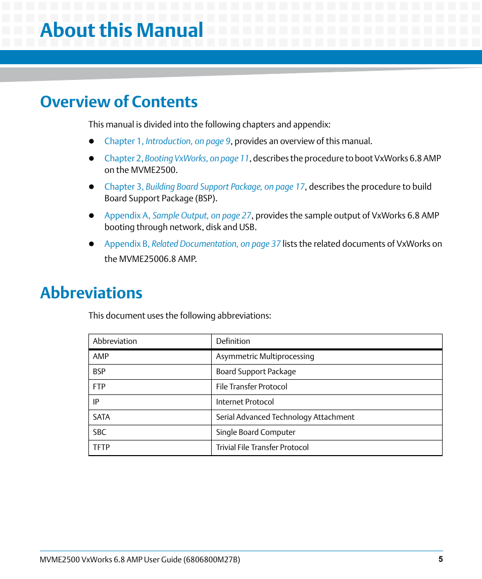 About this manual, Overview of contents, Abbreviations | Artesyn MVME2500 VxWorks 6.8 AMP User Guide (August 2014) User Manual | Page 5 / 40