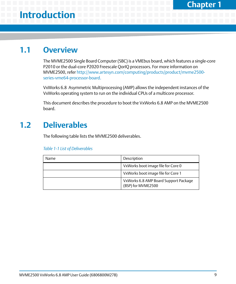 Introduction, 1 overview, 2 deliverables | 1 overview 1.2 deliverables, Chapter 1 | Artesyn MVME2500 VxWorks 6.8 AMP User Guide (August 2014) User Manual | Page 9 / 40