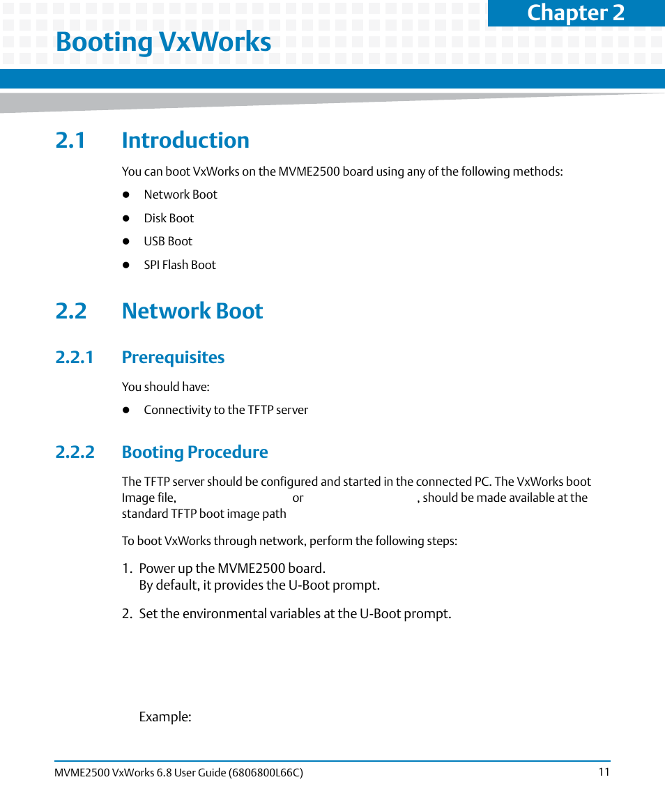 Booting vxworks, 1 introduction, 2 network boot | 1 prerequisites, 2 booting procedure, 1 introduction 2.2 network boot, 1 prerequisites 2.2.2 booting procedure, Chapter 2 | Artesyn MVME2500 VxWorks 6.8 User Guide (April 2014) User Manual | Page 11 / 44