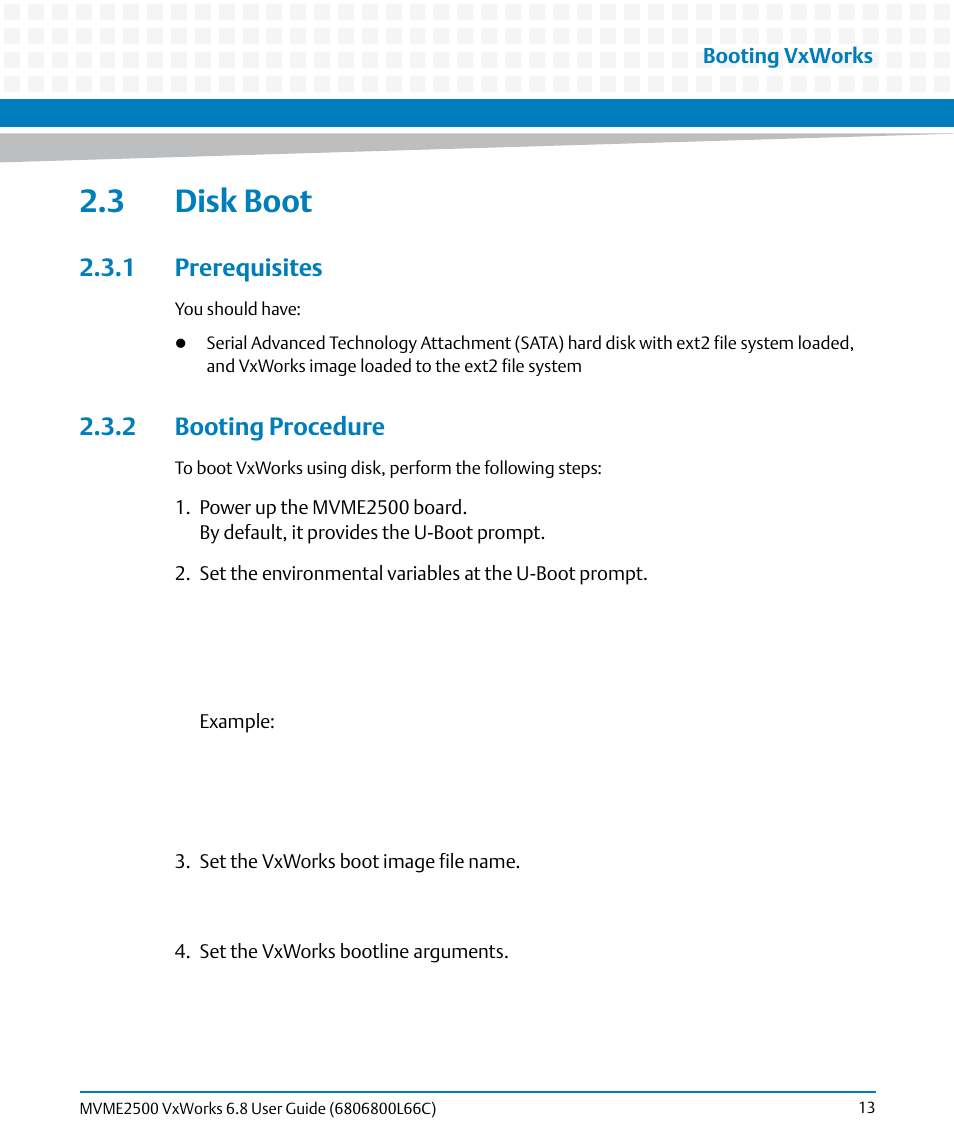 3 disk boot, 1 prerequisites, 2 booting procedure | 1 prerequisites 2.3.2 booting procedure | Artesyn MVME2500 VxWorks 6.8 User Guide (April 2014) User Manual | Page 13 / 44