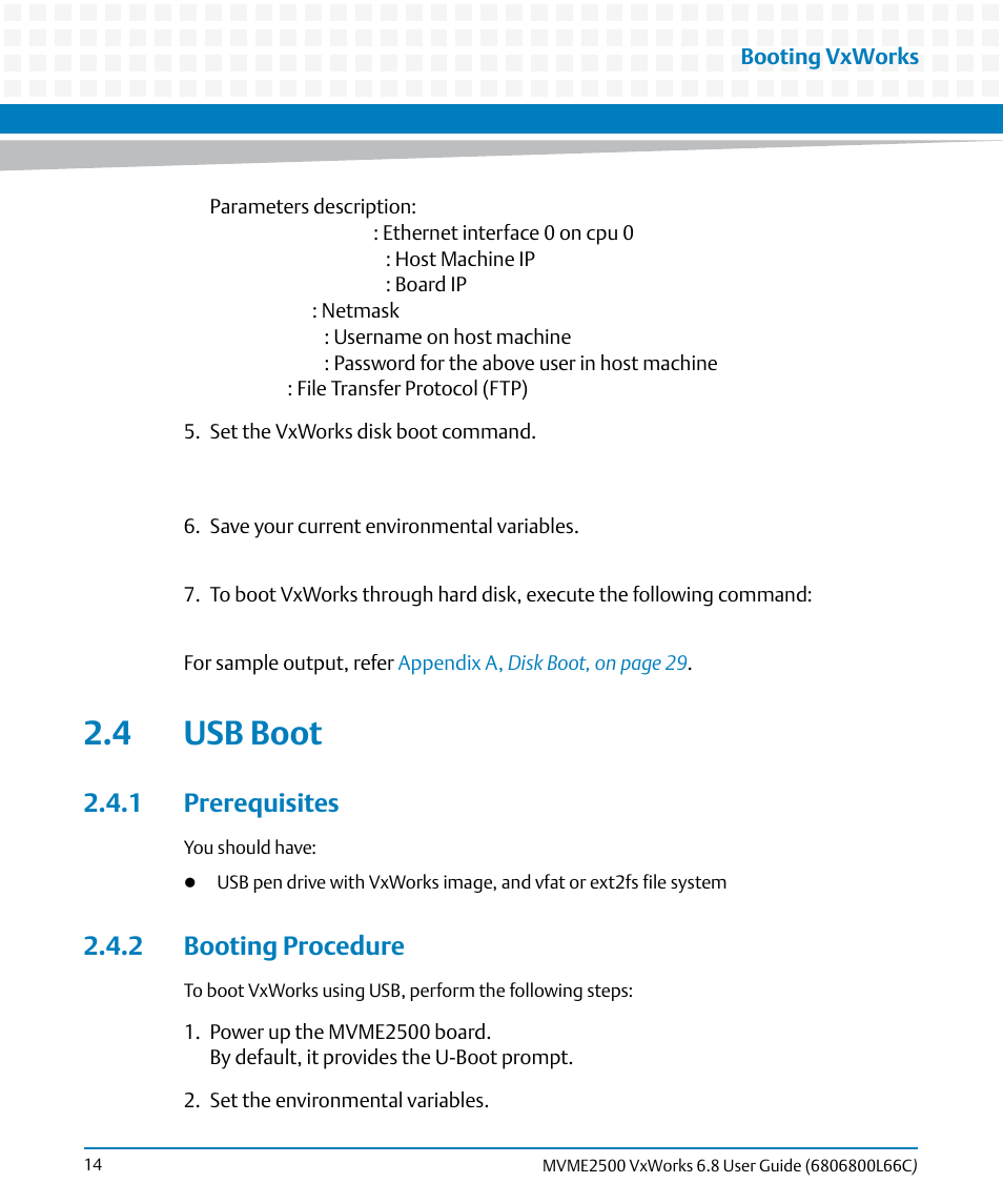 4 usb boot, 1 prerequisites, 2 booting procedure | 1 prerequisites 2.4.2 booting procedure | Artesyn MVME2500 VxWorks 6.8 User Guide (April 2014) User Manual | Page 14 / 44