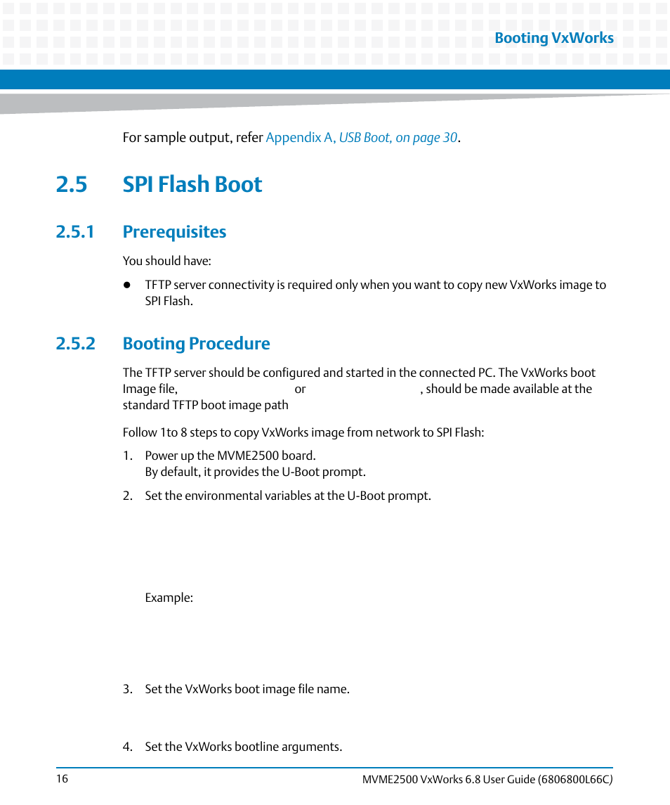 5 spi flash boot, 1 prerequisites, 2 booting procedure | 1 prerequisites 2.5.2 booting procedure | Artesyn MVME2500 VxWorks 6.8 User Guide (April 2014) User Manual | Page 16 / 44