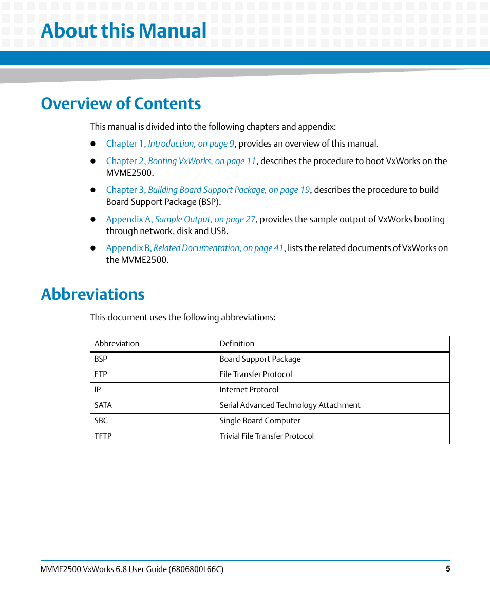 About this manual, Overview of contents, Abbreviations | Artesyn MVME2500 VxWorks 6.8 User Guide (April 2014) User Manual | Page 5 / 44