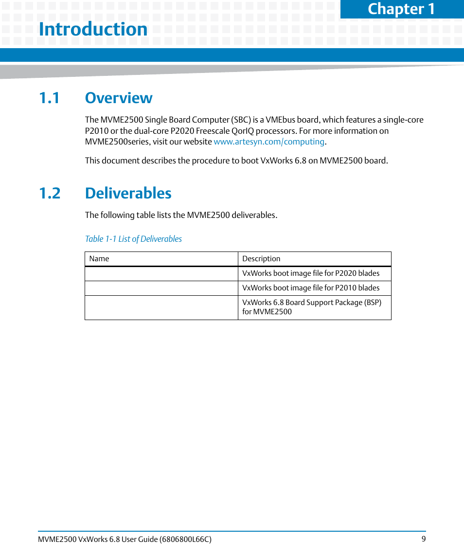 Introduction, 1 overview, 2 deliverables | 1 overview 1.2 deliverables, Chapter 1 | Artesyn MVME2500 VxWorks 6.8 User Guide (April 2014) User Manual | Page 9 / 44