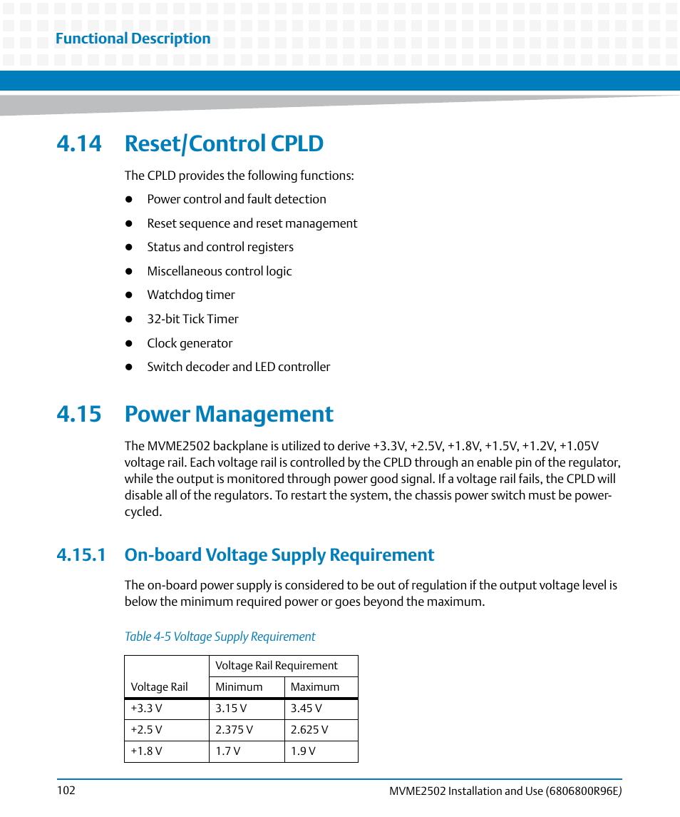 14 reset/control cpld, 15 power management, 1 on-board voltage supply requirement | 14 reset/control cpld 4.15 power management, Table 4-5, Voltage supply requirement, Functional description | Artesyn MVME2502 Installation and Use (April 2015) User Manual | Page 102 / 166