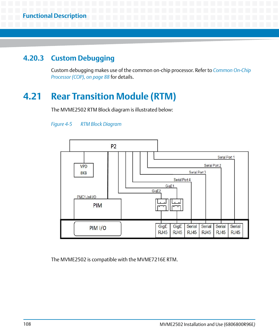 3 custom debugging, 21 rear transition module (rtm), Figure 4-5 | Rtm block diagram | Artesyn MVME2502 Installation and Use (April 2015) User Manual | Page 108 / 166