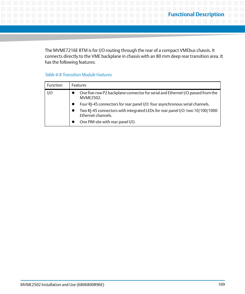 Table 4-8, Transition module features, Functional description | Artesyn MVME2502 Installation and Use (April 2015) User Manual | Page 109 / 166