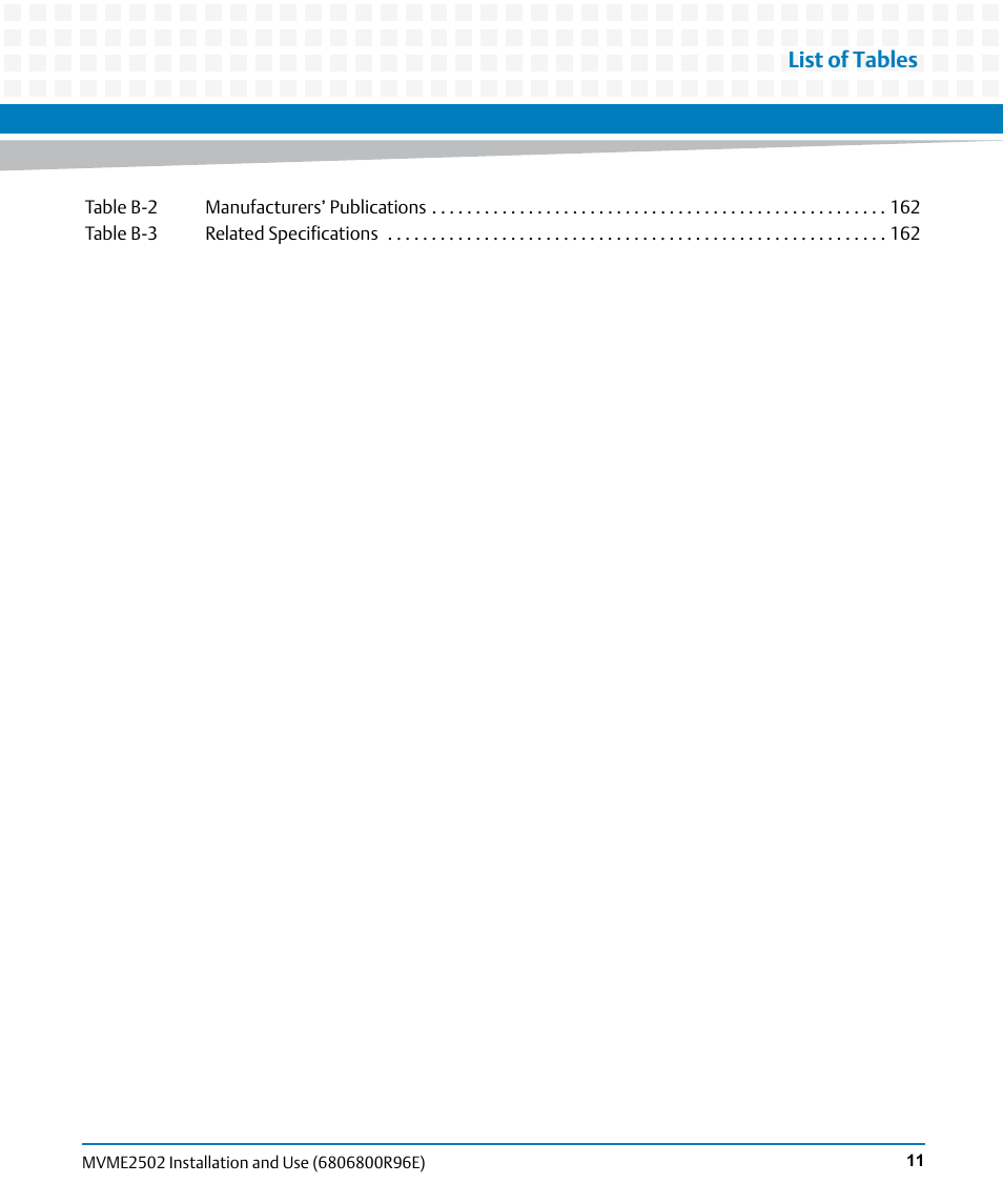 List of tables | Artesyn MVME2502 Installation and Use (April 2015) User Manual | Page 11 / 166