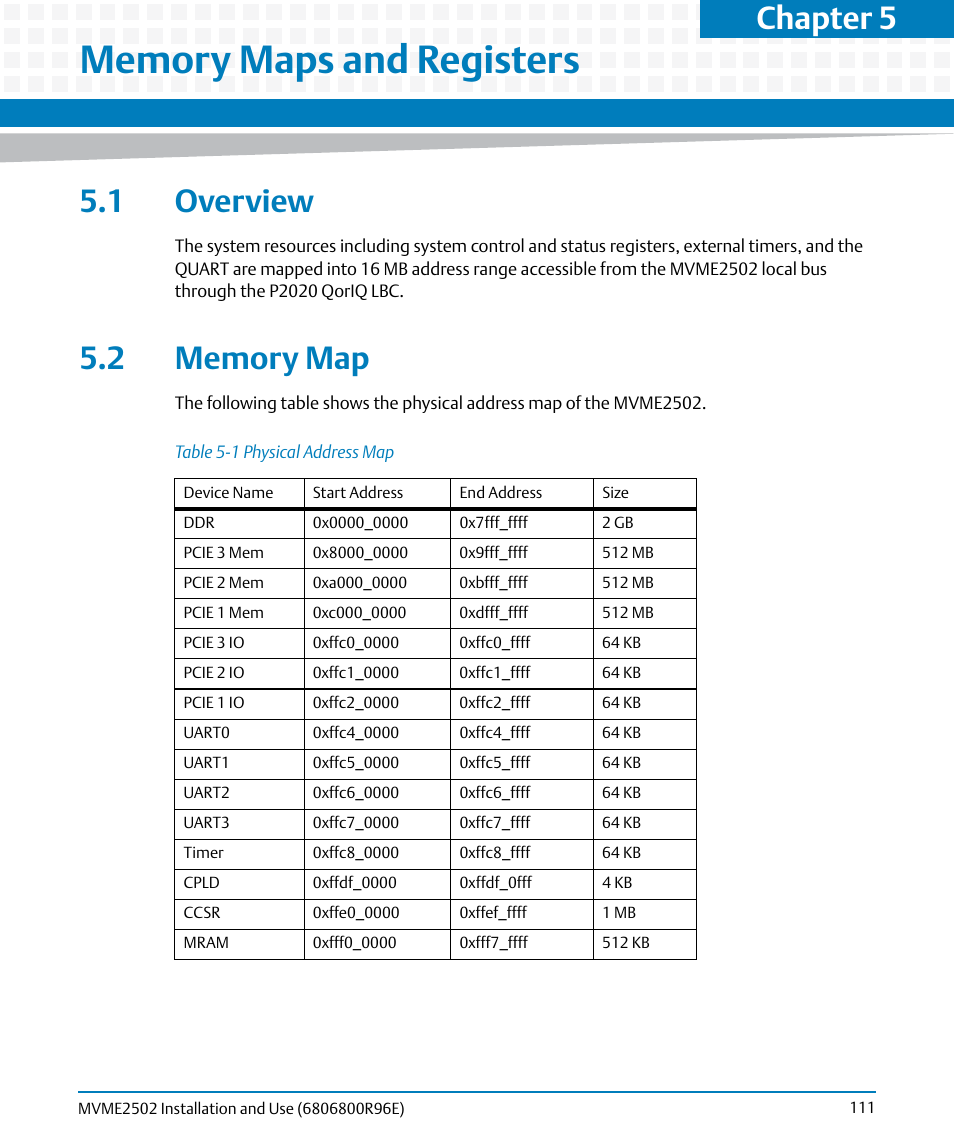 Memory maps and registers, 1 overview, 2 memory map | 1 overview 5.2 memory map, Table 5-1, Physical address map, Chapter 5 | Artesyn MVME2502 Installation and Use (April 2015) User Manual | Page 111 / 166