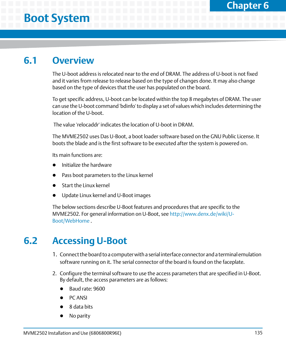 Boot system, 1 overview, 2 accessing u-boot | 1 overview 6.2 accessing u-boot, Chapter 6 | Artesyn MVME2502 Installation and Use (April 2015) User Manual | Page 135 / 166