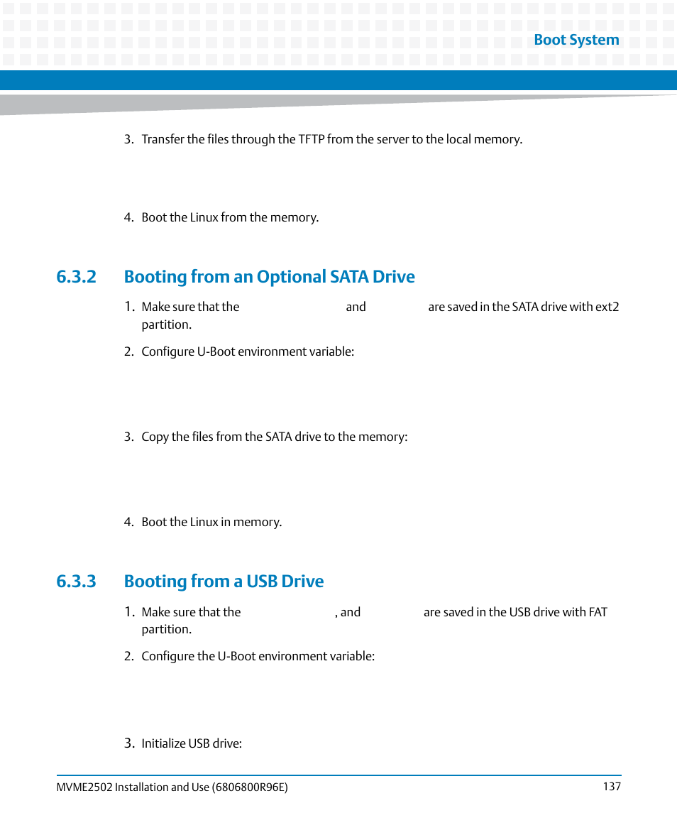 2 booting from an optional sata drive, 3 booting from a usb drive | Artesyn MVME2502 Installation and Use (April 2015) User Manual | Page 137 / 166