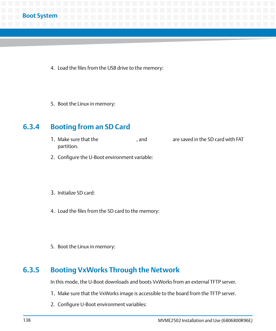4 booting from an sd card, 5 booting vxworks through the network | Artesyn MVME2502 Installation and Use (April 2015) User Manual | Page 138 / 166